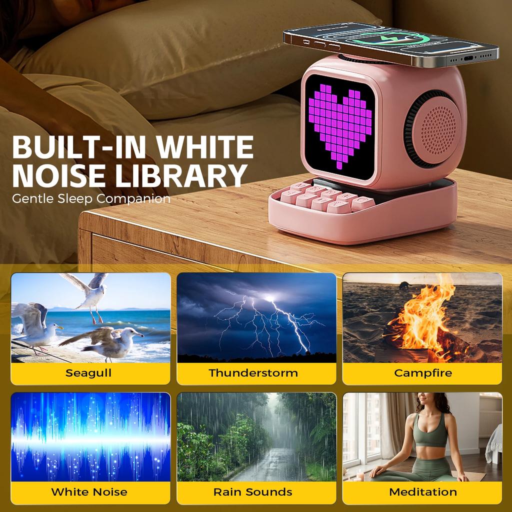 Wireless Charger Stand Retro Pixel Art Bluetooth Portable Speaker Alarm Clock LED Display Board Cute Gift Home Light Decoration