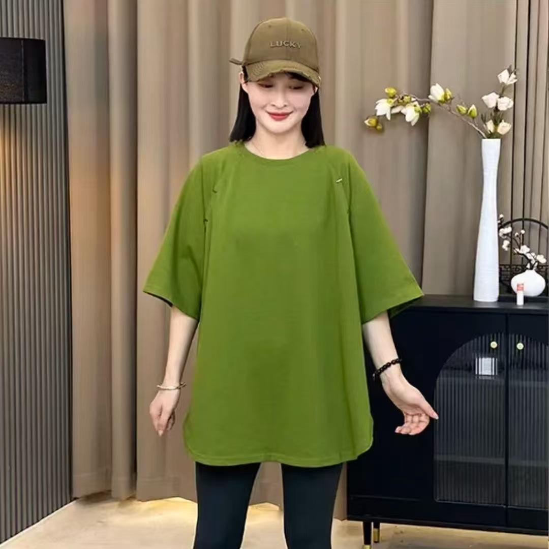 

Стильная женская футболка с коротким рукавом и круглым вырезом, повседневная, однотонная, 2025 - Молодящая, универсальная, трендовая и стройнящая. L зелёный