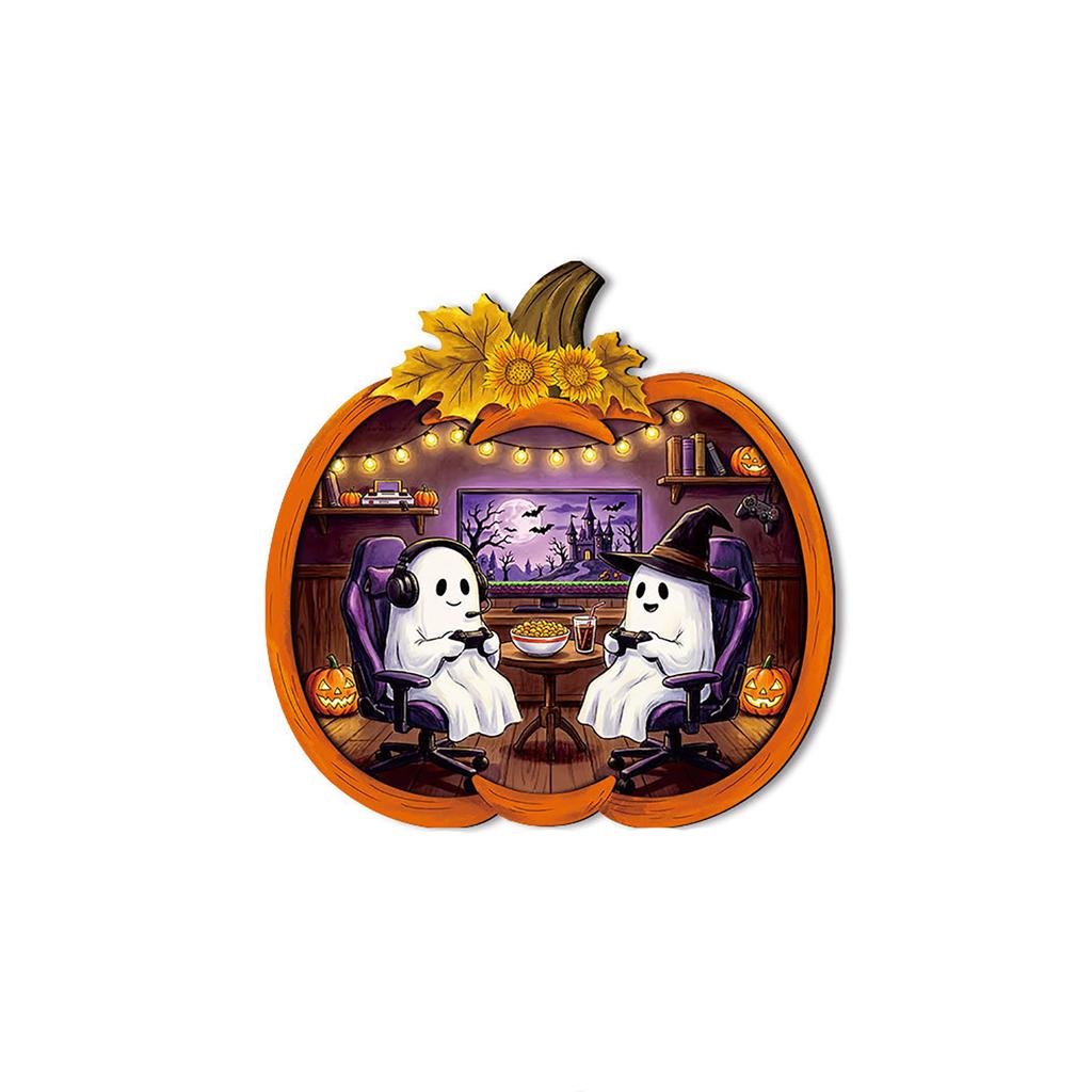 Halloween Wooden Sign Light with Pumpkin Pendant - Battery Operated Button Cell Warm Light for Party Decor, Desk Shelf Table Decoration