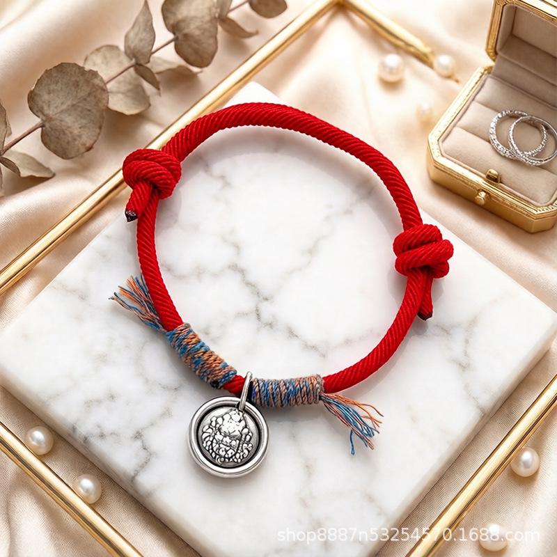 S999 Sterling Silver Wealth God Bracelet: Zodiac Year of the Horse, Red String Accessory for All Genders ярко-красный