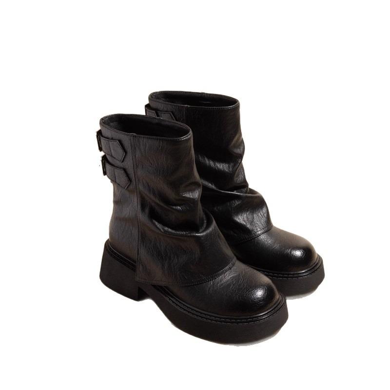 Leather Inner Heightening Martin Boots Women's Retro Short Boots Spring and Autumn Single Boots New Thick-soled Trousers Western Martin Boots
