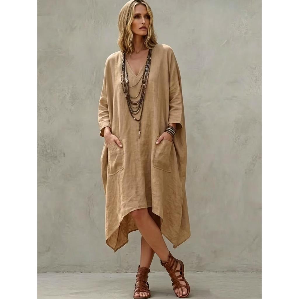 New Women's Casual V-neck Linen Cotton Midi Dress, Lazy Style Irregular Hem 3/4 Sleeve Dress for Women, European American Crossbody Fashion