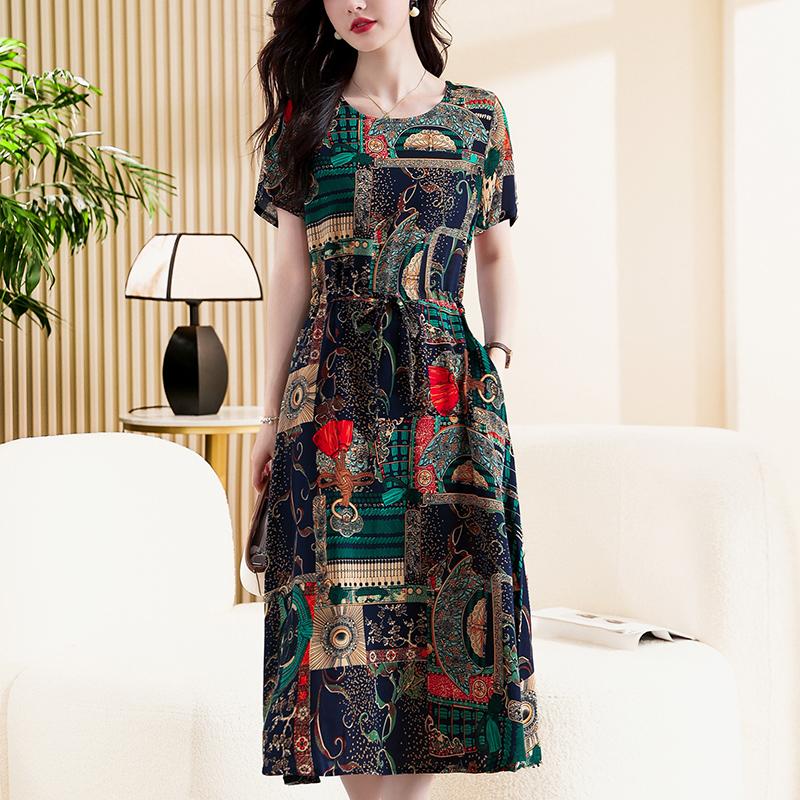 Elegante frauen Sommer Kleid Neue Beiläufige Dünne Kurzarm Lange Kleid Koreanischen Stil Schlank Vintage Kleidung