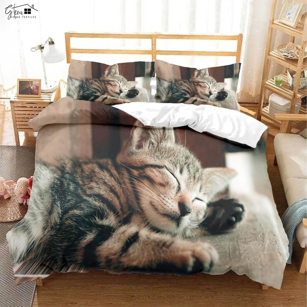 Cute Cartoon Cat Printed Quilt Cover Bedding Set 100% Polyester Duvet Cover Pillowcase Three-Piece Set