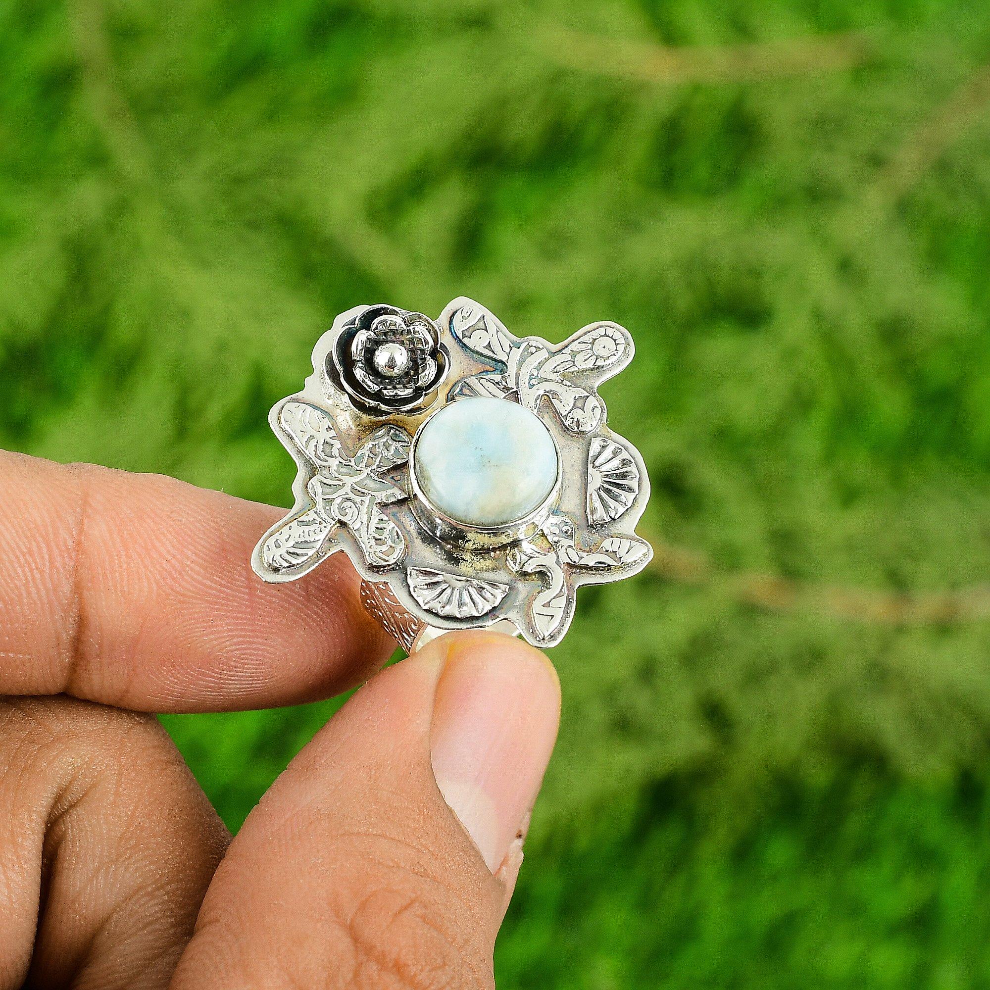 

Round Larimar Stone Sterling Silver Promise Anniversary Flower Statement Ring Adjustable