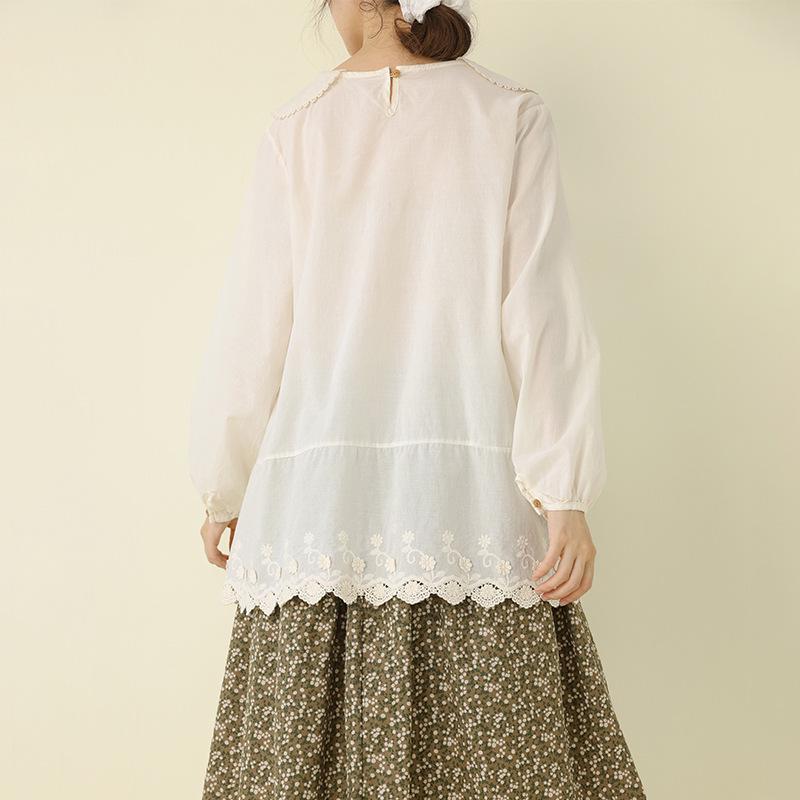 Mori Girl Cotton Lace Embroidery Top - Long Sleeve Babydoll Undershirt