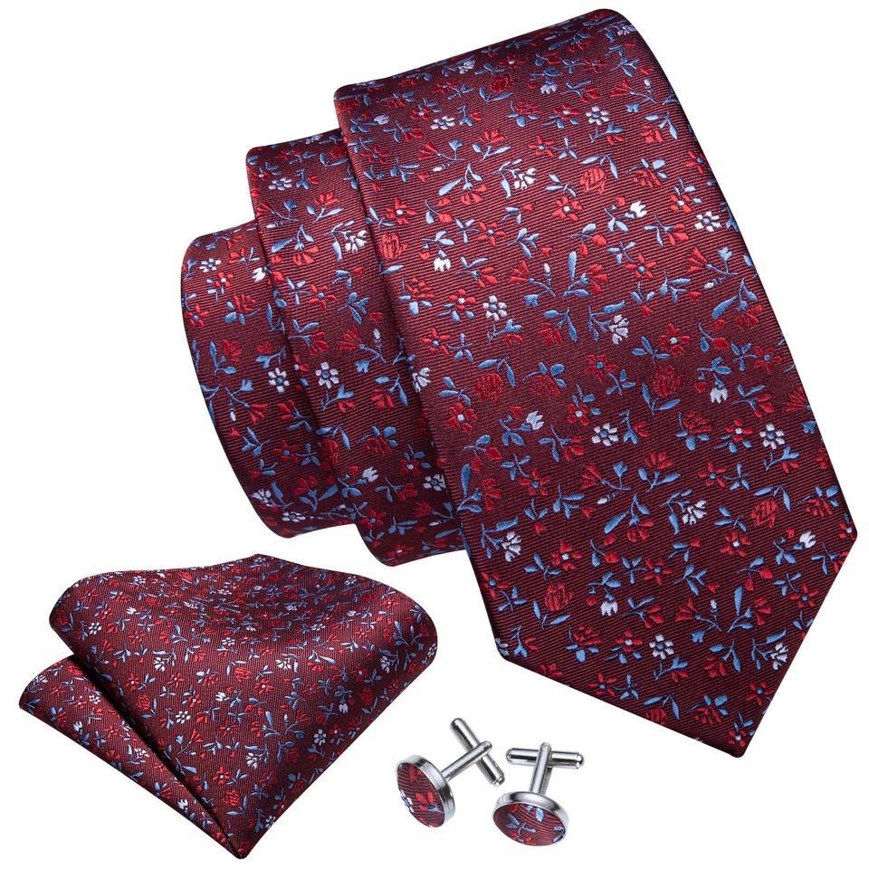 Men's Red Burgundy Neck Tie Handkerchief Cufflinks Boutonniere Tie Clip with Gift Box for Wedding Party Dating