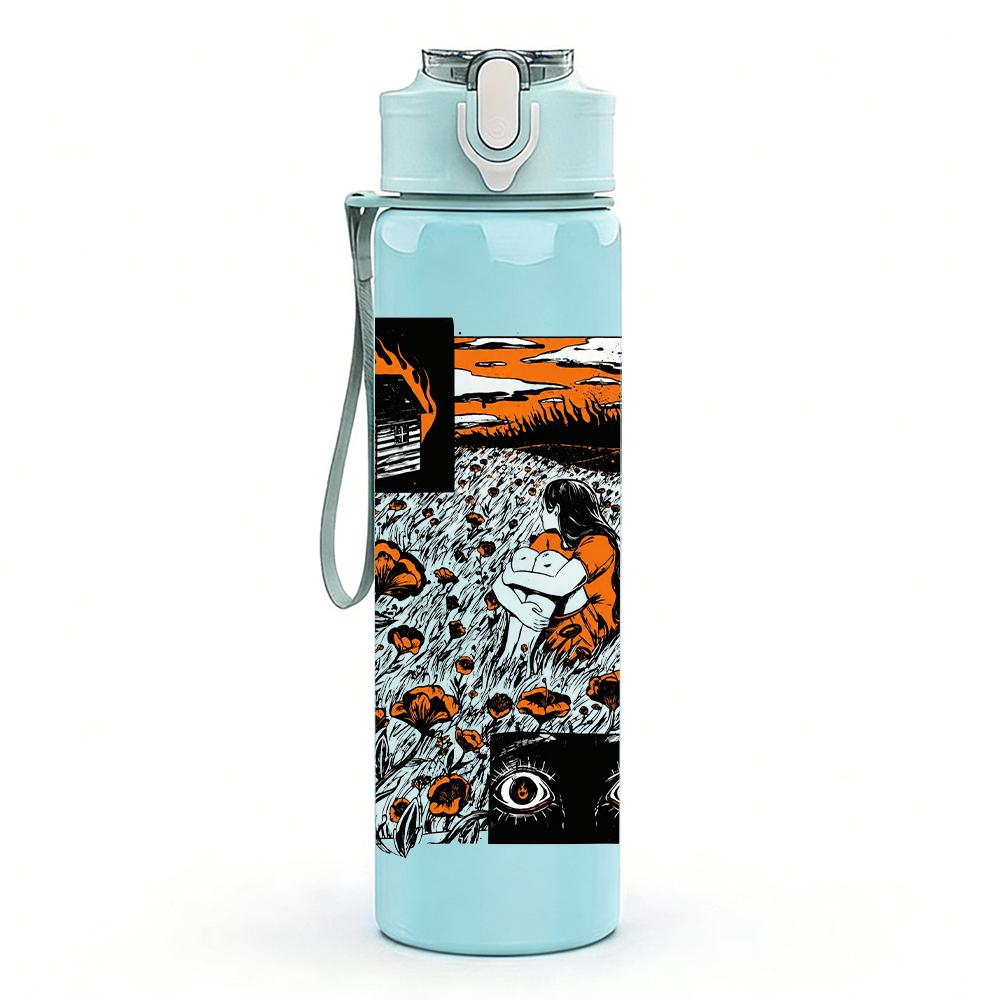 1PC Multi Color Chaotic Band Square Print 750ml Colorful Plastic Sports Water Bottle Leakproof Pop Up Lid with Straw for Outdoor Work Home Use