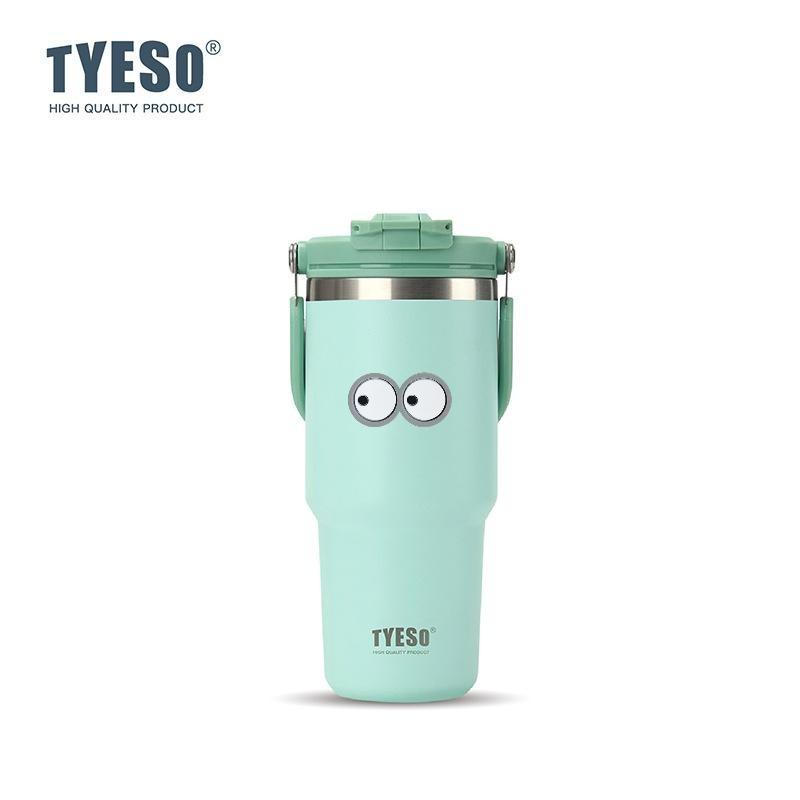 Tyeso 750ml Vacuum Cup Handle Dual-Drink Coffee Mug 304 Stainless Steel Ice Cup Car Bottle Hot Cold Retention Thermoses with Eye Sticker