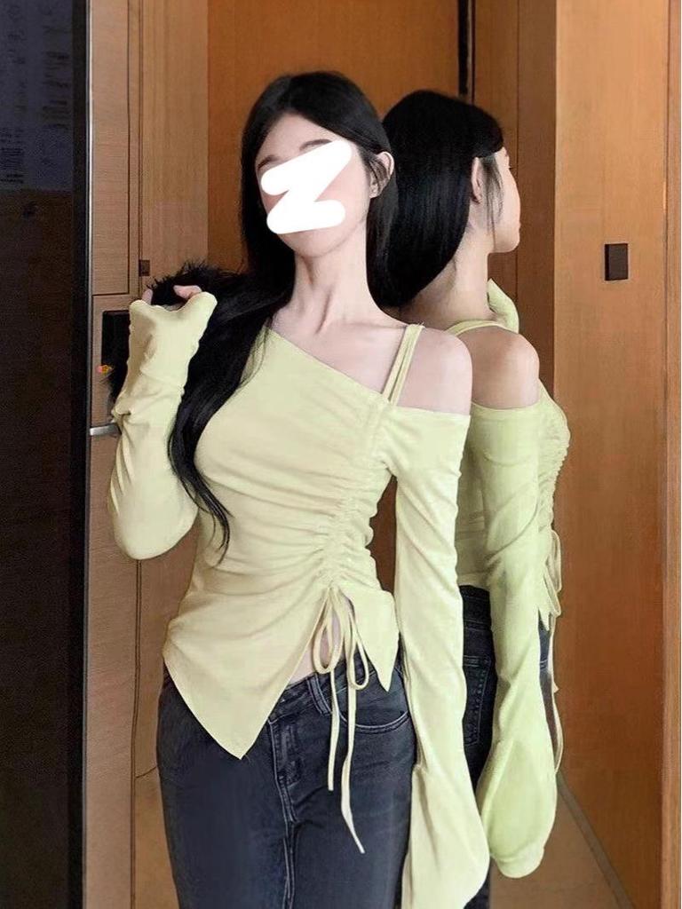 Spring & Autumn Asymmetrical Shoulder Dress with Double Straps & Drawstring - Sexy Curve-Enhancing Date Outfit