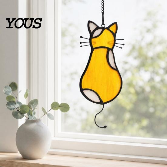 Cat Back Shape Decoration Acrylic Pendant, with Metal Hanging Chain, Stained Glass Effect Silhouette Window Pendant Decoration, for
