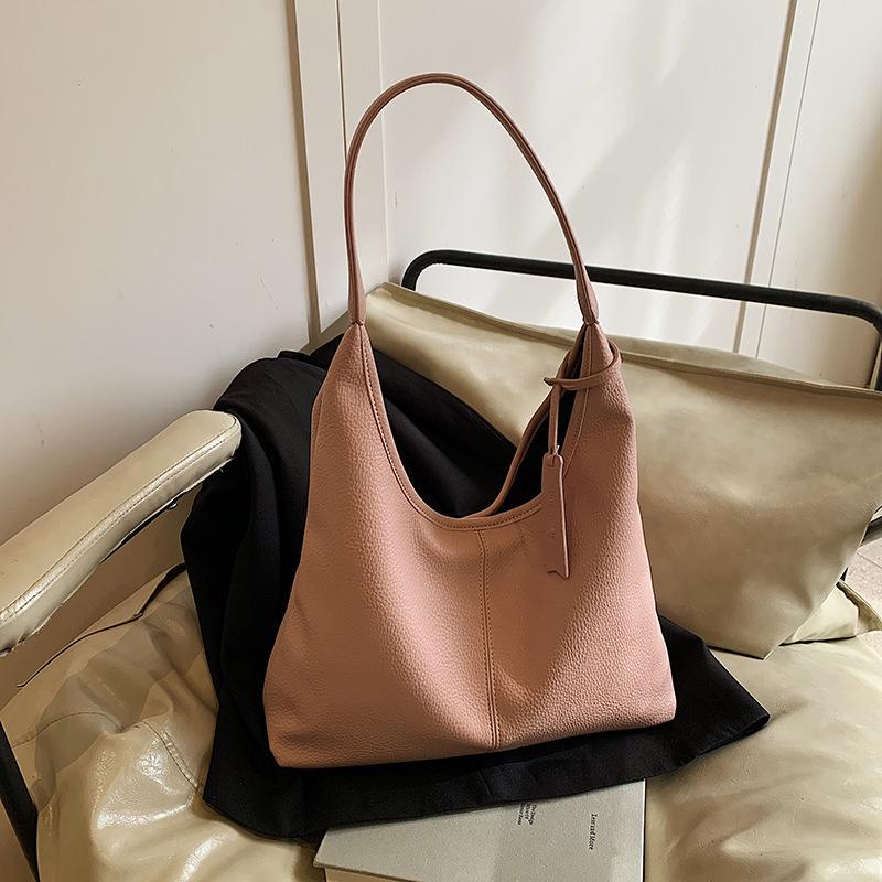 Korean Style Fashion Handbag Large Capacity Solid Color Tote Bag Casual Lychee Pattern Underarm Bag Shoulder Bag