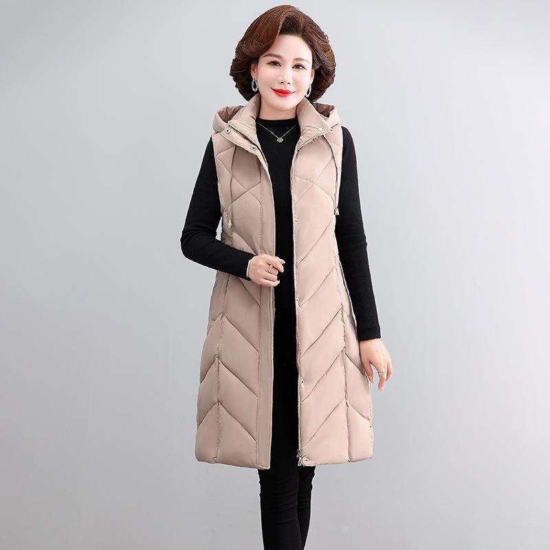 Middle-aged and Elderly Down Cotton Vest Women's Medium and Long Hooded Knee Vest Jacket