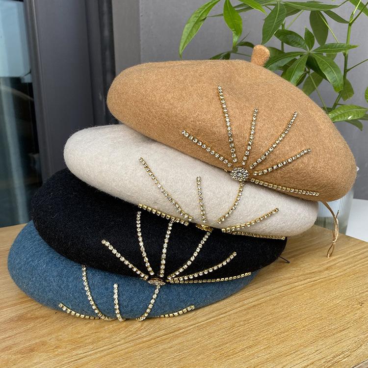 Winter French Black Fleece Painter Artist Cheapeau Red 100% Wool Chunky Blingbling Diamonds Beret Girls Hat for Women