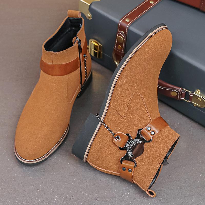 Autumn fashion high-top chain Martin boots retro casual solid color short boots large size men's leather boots