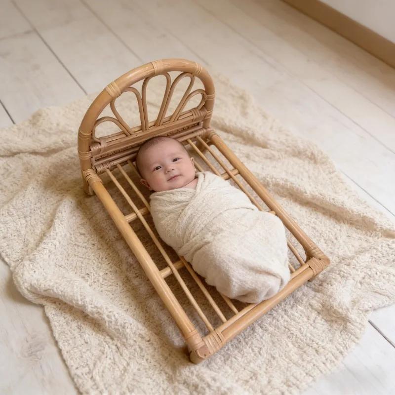 1pc Handmade Vintage Rattan Posing Bed Infant Photography Prop Studio Photo Background Accessory Baby Boy Girl Photo Shoot Tool