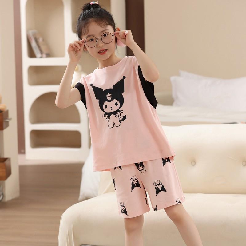 Girls Cotton Pajama Set Short Sleeve Cartoon Print Lightweight Sleepwear Ages 8
