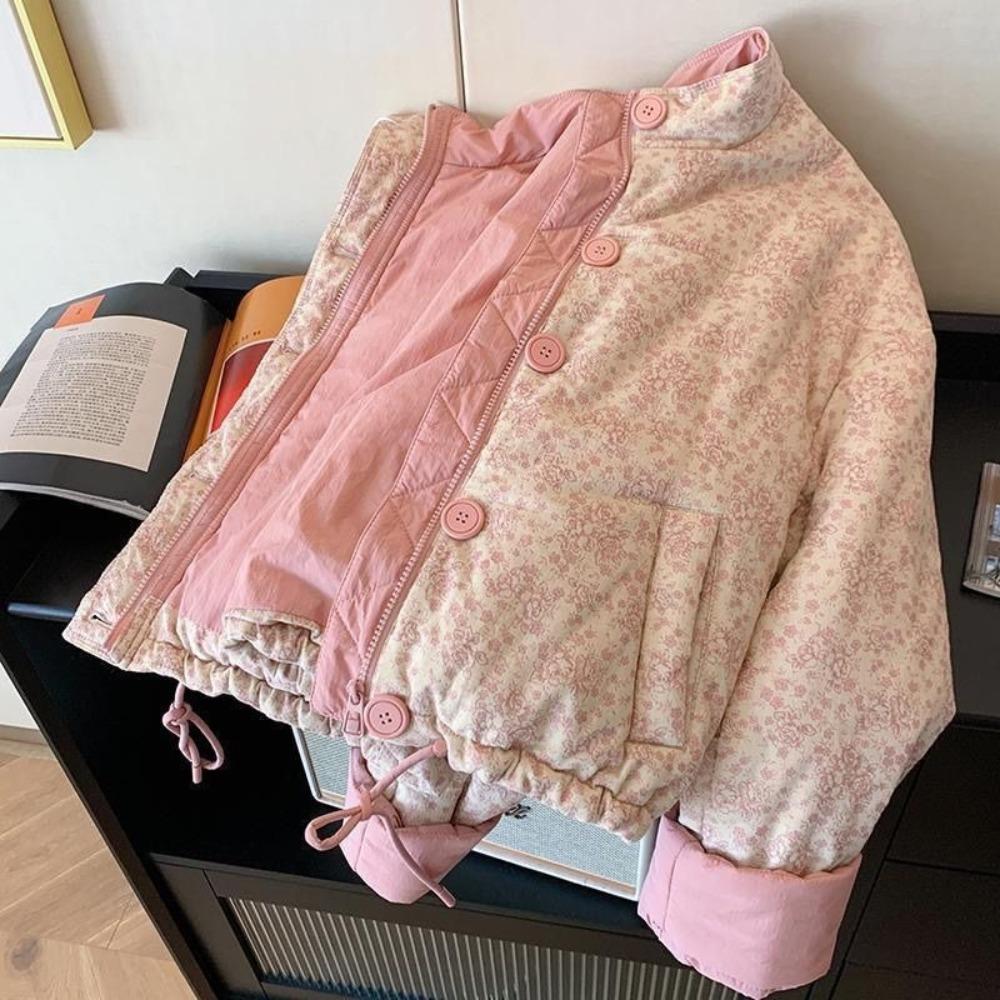 Literaire Korea Zachte Print Vest Vrouw Opstaande Kraag Kort Leeftijd Verminderend Jasje Casual Warm Verdikt Panelen Mujer