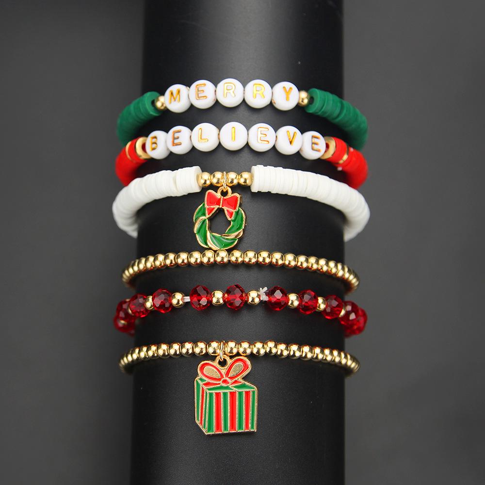 Cross-border 6-Piece Christmas Gift Set: Red & Green Polymer Clay Letter Beaded Elastic Bracelets