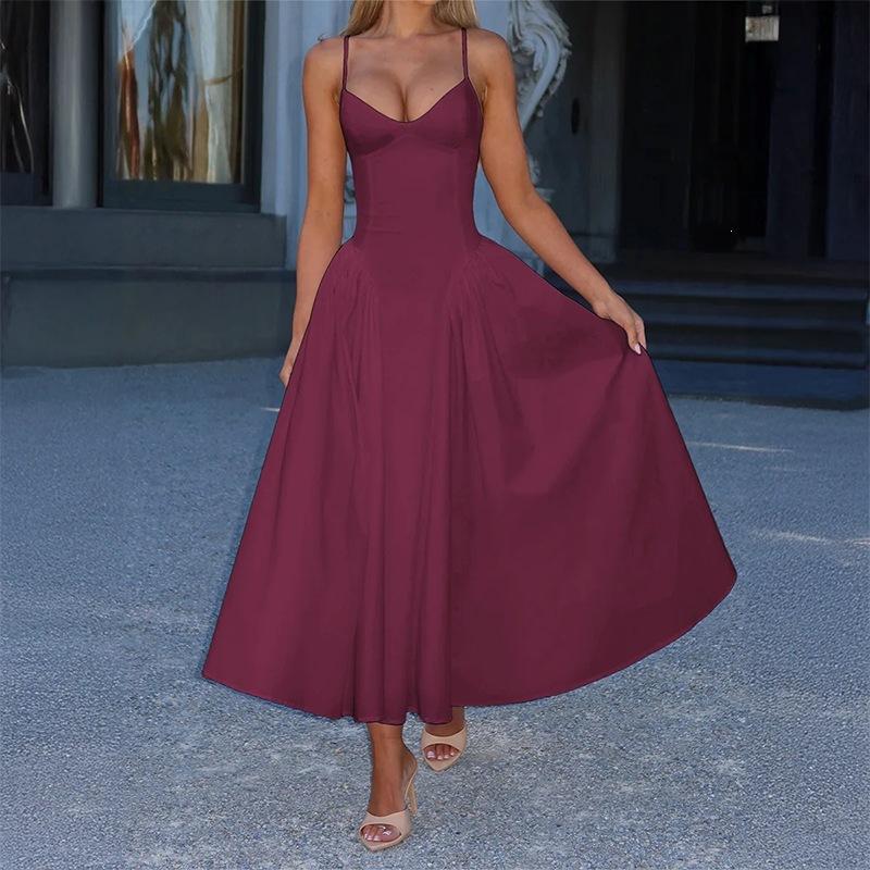 2026 Summer New Women's Clothing, Cross-border European and American Dresses, Fashionable and Elegant Solid Color Pleated Suspender Skirts, Long Skirt