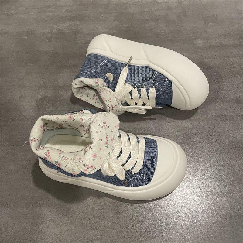 Xiaoxiangfeng Floral Canvas Shoes Women's High-top Shoes 2025 New Autumn Niche Thick-soled Round Head Board Shoes Ins Tide