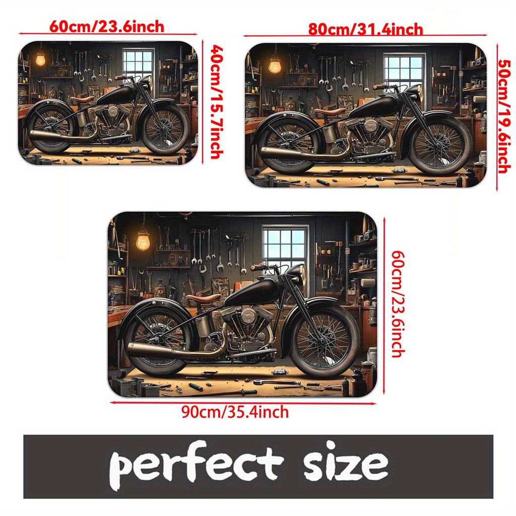 Retro Motorcycle Workshop Design Area Rug - For Bathroom, Garage, Entryway - Vintage Bike Decor Indoor/Outdoor Mat