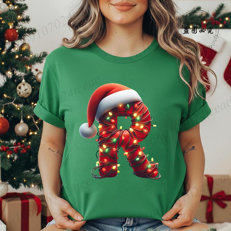 Women's Casual T-Shirt Christmas-lights-wrapped-letter Graphic Tshirt Christmas Design Round Neck Short Sleeve Tee Shirt Clothes