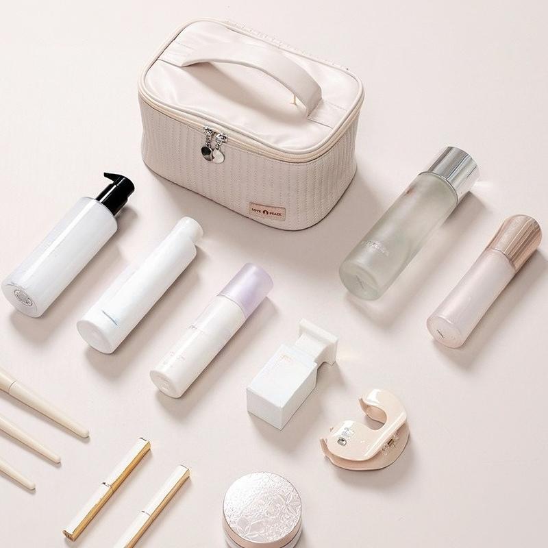Handheld Solid Color PU Leather Cosmetic Organization Storage Bag Portable Travel Toiletry Pouch for Women