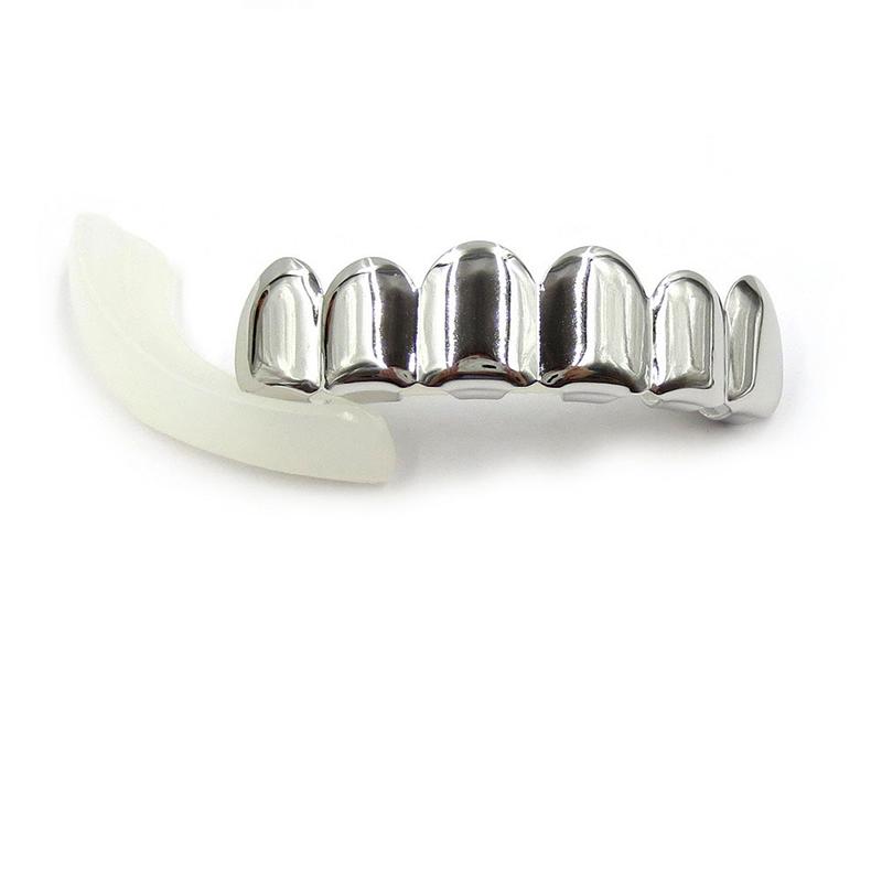 Trendy Hip Hop Gold Silver Plated Teeth Grillz Top Bottom Set With Silicone Real Shiny Vampire Tooth Sets Fashion Accessory