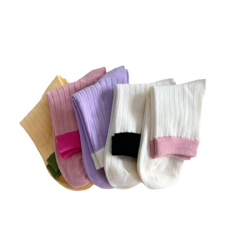 5 Pairs of Candy-coloured Cream Vertical Striped Socks Women Spring and Summer Thin Fresh Pure Colour Simple Colour Blocking Match Medium Socks