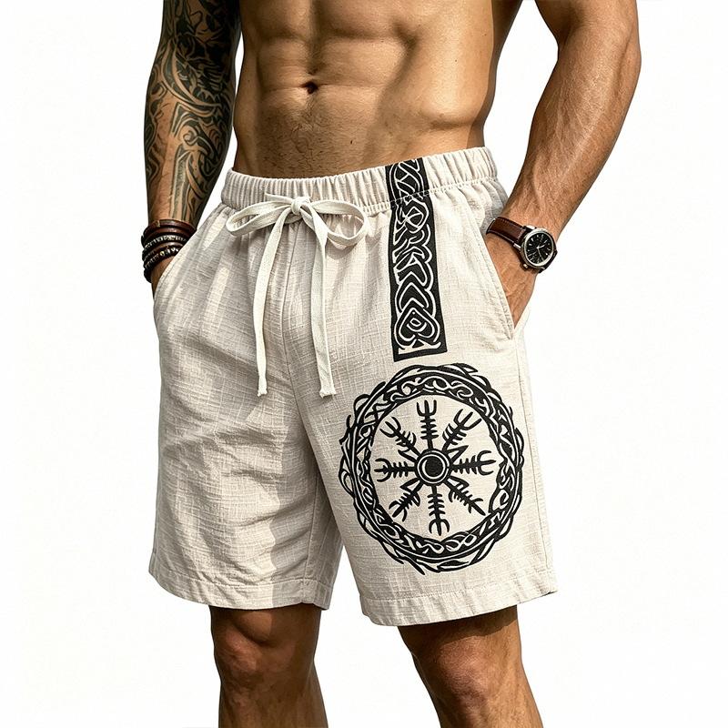Men Nordic Viking Totem Print Drawstring Waist Casual Linen Blend Shorts