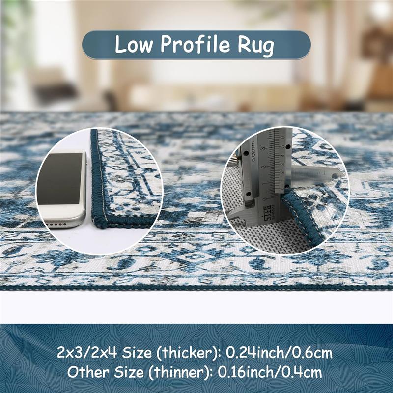 Washable Rug Non-Slip Ultra-Thin Living Room Area Rug, Stain Resistant Vintage Carpet for Bedroom Dining Room Office