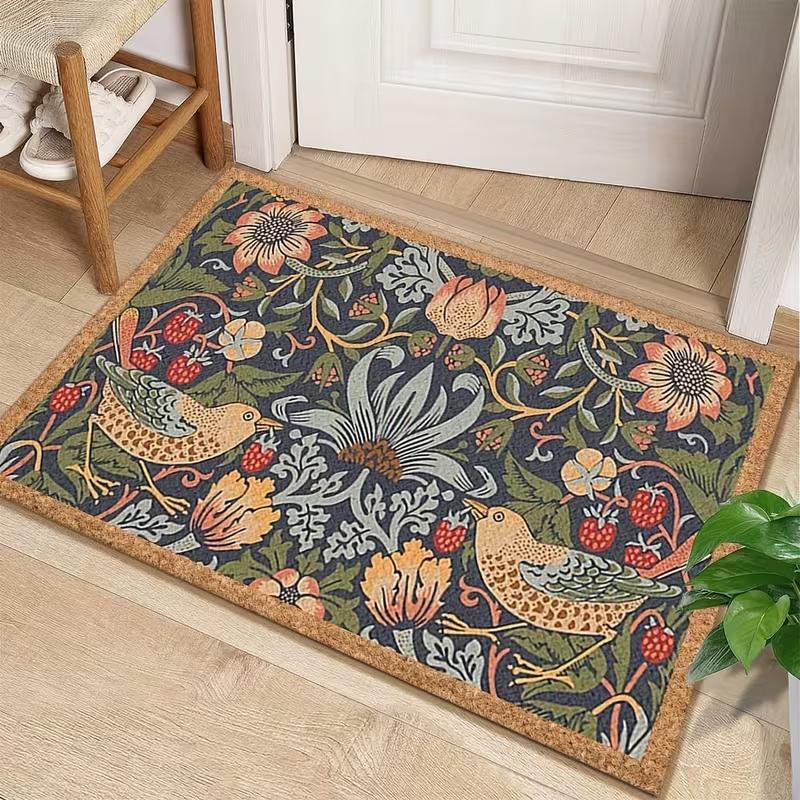Welcome Door Mat with Symmetrical Flower and Bird Design Floor Mat Lightweight Home Bedroom Kitchen Corridor Hall Decorative Mat