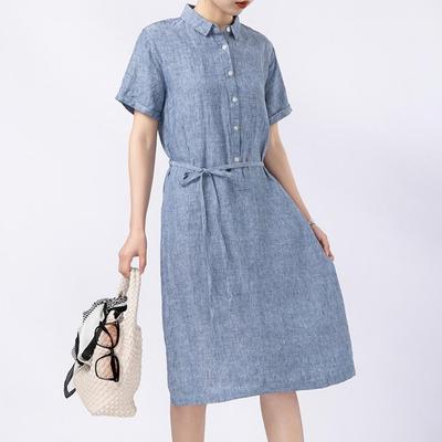 Summer Lady Dress Turn-down Collar Short Sleeves A-line Big Hem Pure Color Lace-up Strap Half Single-breasted Midi Dress Dating