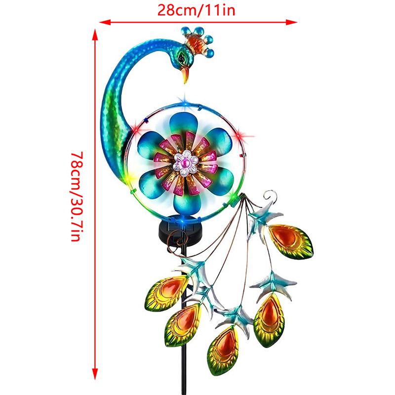 Solární zahradní spinner s pávím motivem - Kovový kinetický větrný spinner pro venkovní dekoraci, Ideální na terasu, trávník a zahradu