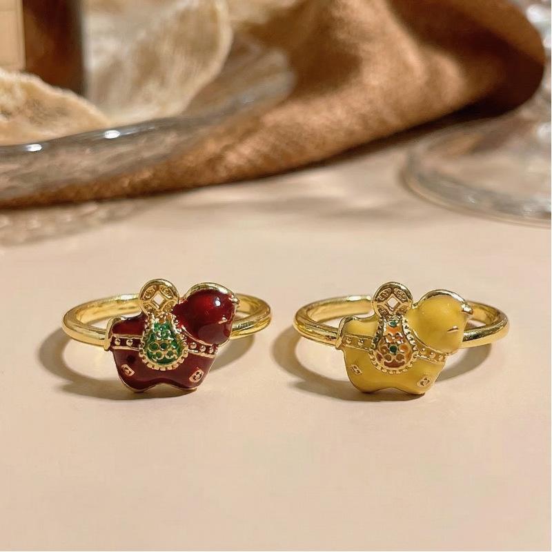 Red Yellow Enamel Zircon Inlaid Open Ring New Chinese Guochao Style Niche Personality Adjustable Ring Trend Decorative Jewelry