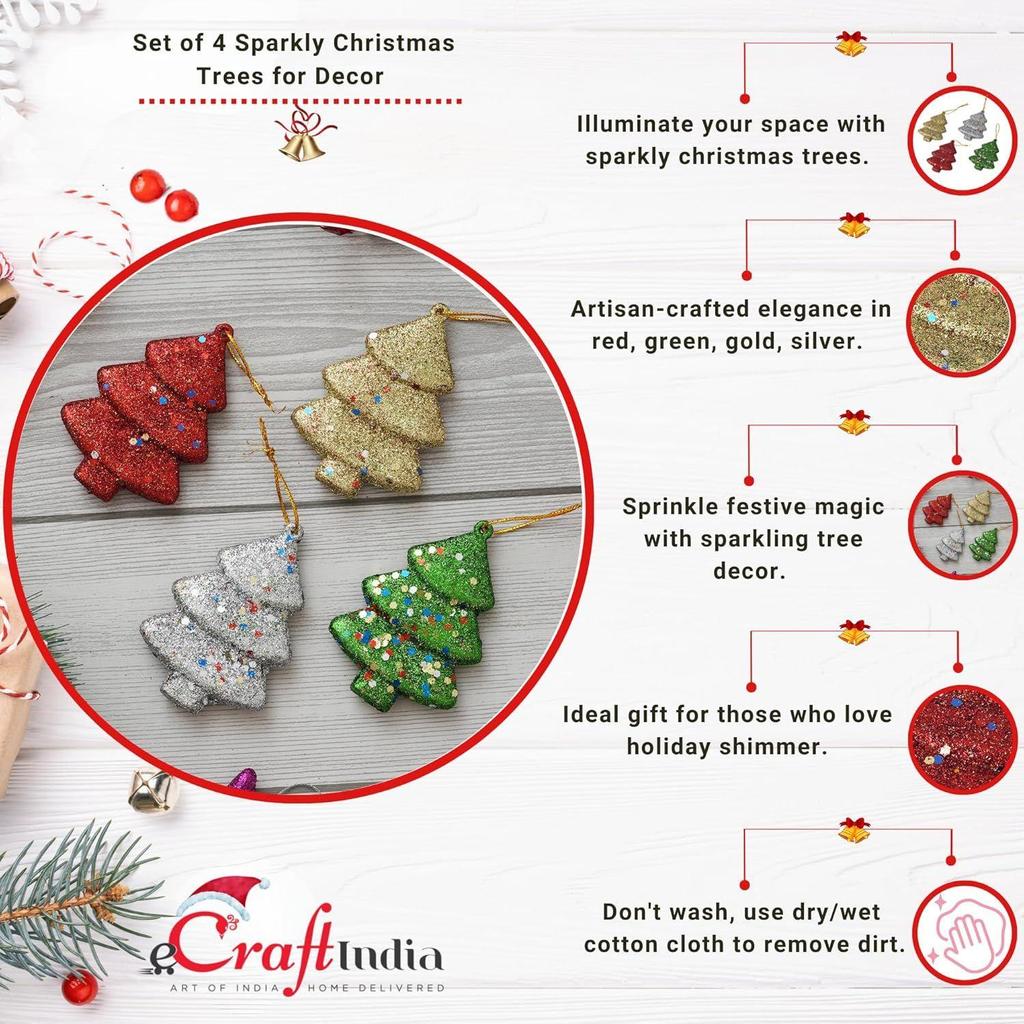 Sparkly Christmas Trees (Set of 4, Red Green Golden Silver) Christmas Tree Decoration Items Hanging Ornaments Props | Xmas Decorations
