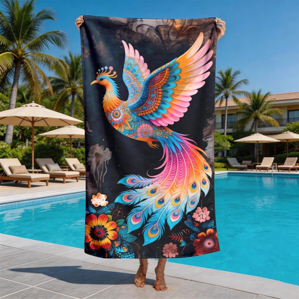 Bohemian Fire-breathing Phoenix polyester microfiber beach towel is highly absorbent, suitable for swimming and beach outings