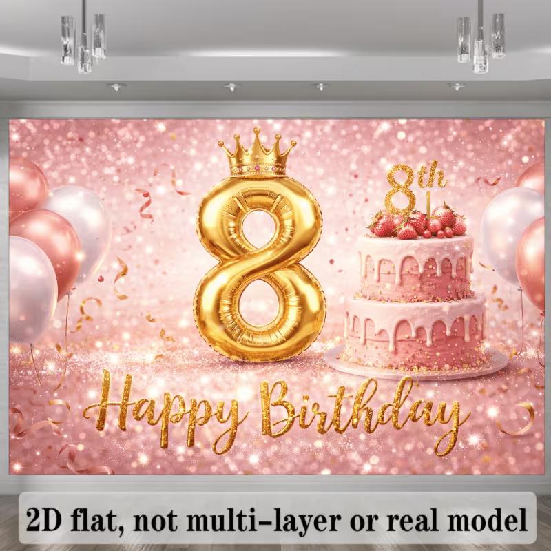 2D Pink Glitter Gold Crown 8th Birthday Photography Background