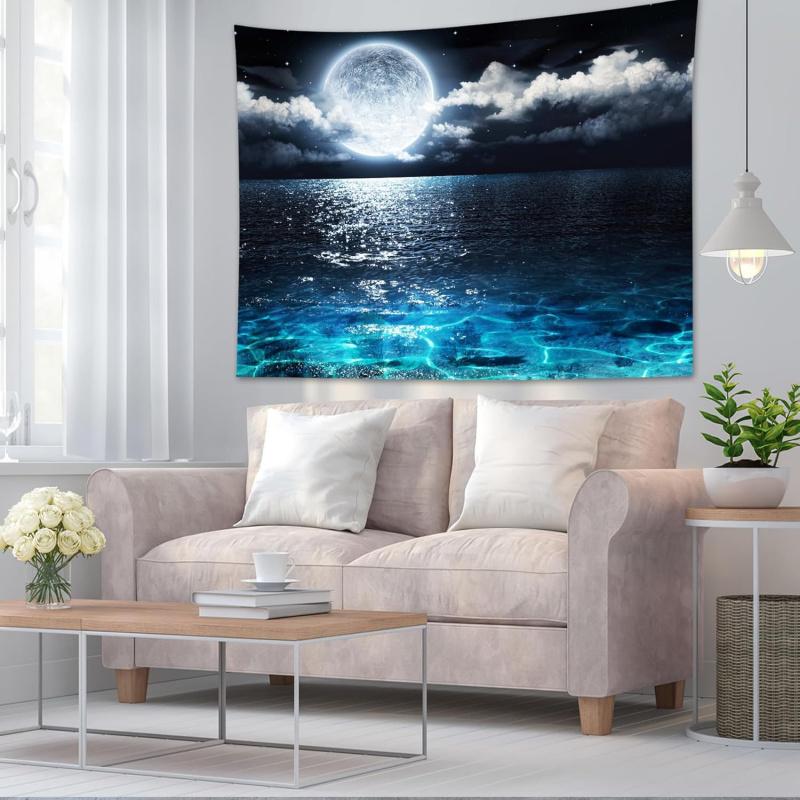 Sea Moonrise Tapestry Ocean Waves and Moonlit Night Living Room, Bedroom, Headboard Feature Wall Home Decor