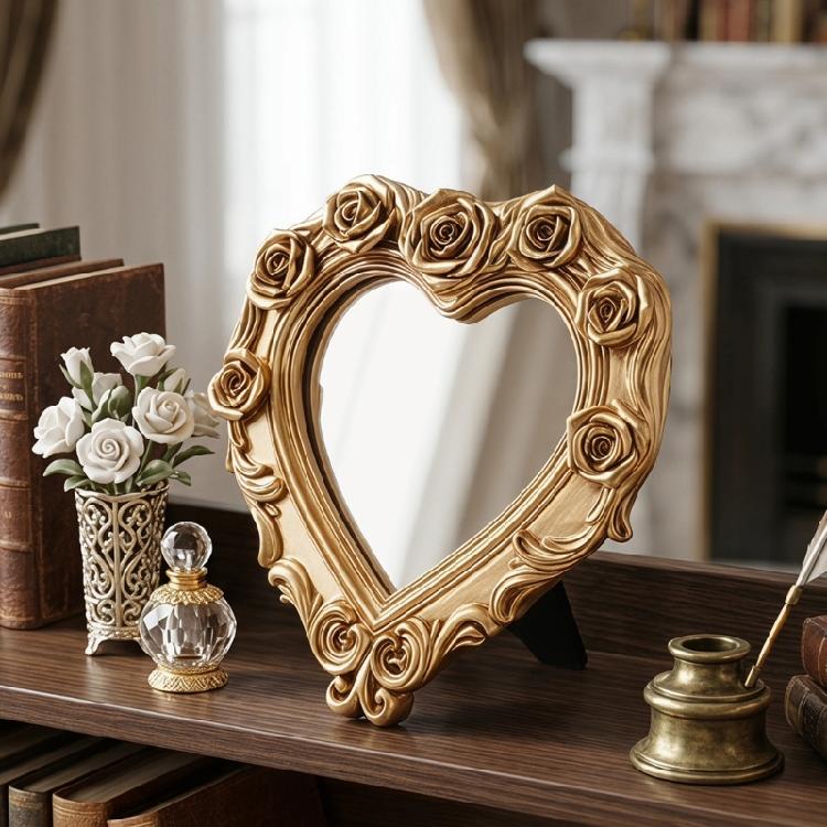 Heart Makeup Mirror Vanity Countertop Mirror with Rose Border and Back Stand for Dressers, Bedroom Shelf, and Daily Grooming