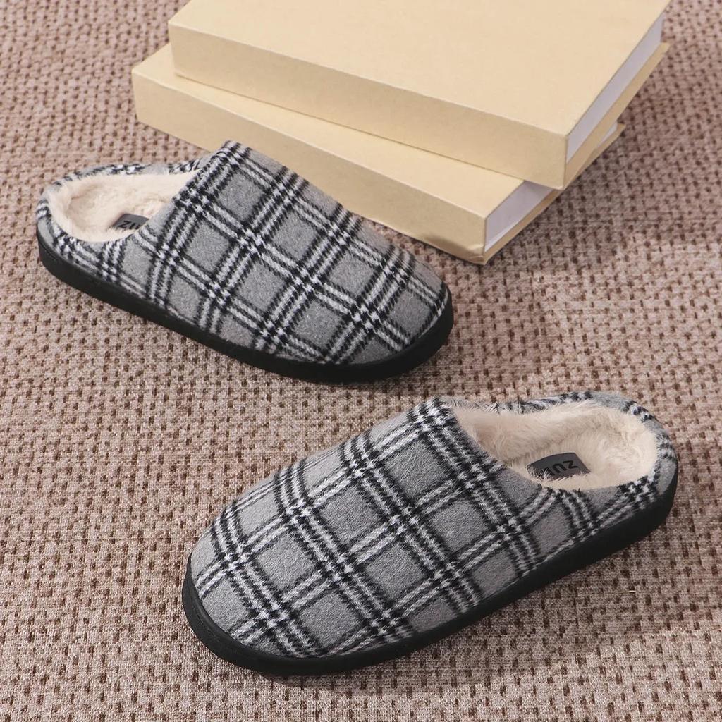 Fashion Winter Plaid Plush Slippers Men's Warm House Fleece Non-slip Shoes Couples Cotton Slippers Soft Indoor Casual Shoes Zapatos