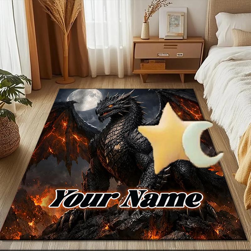 1PC Custom Name Fiery Dragon Moonlit Night Theme Floor Mat Ideal for Living Room, Game Rooms, Office, Bedroom,Floor Mat Playful Design