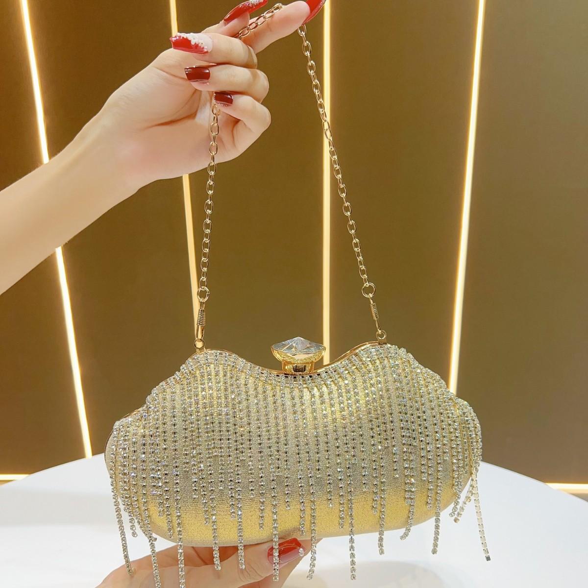 

Новая женская вечерняя сумка-клатч с бриллиантовой кисточкой, со стразами, для банкета, к вечернему платью золотой