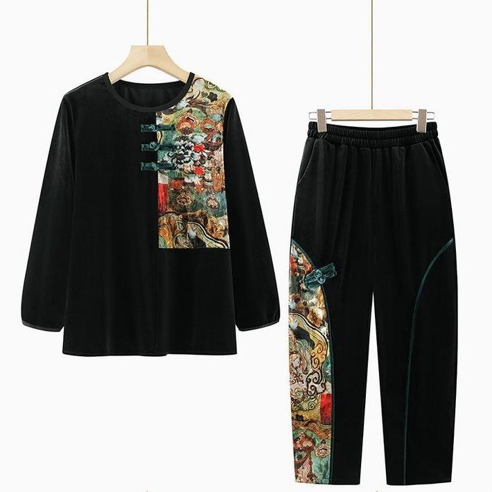 

2pcs Pants Suits Autumn Women s Plus-size Velvet Printed Blouse High-waist Velvet Cropped Harem Pants Two-piece Set 8XL