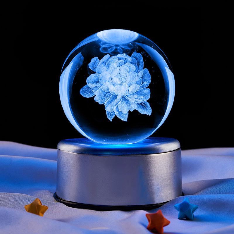 Peony 3D Crystal Ball Night Light - Creative Ornament & Birthday Gift for Qixi Festival