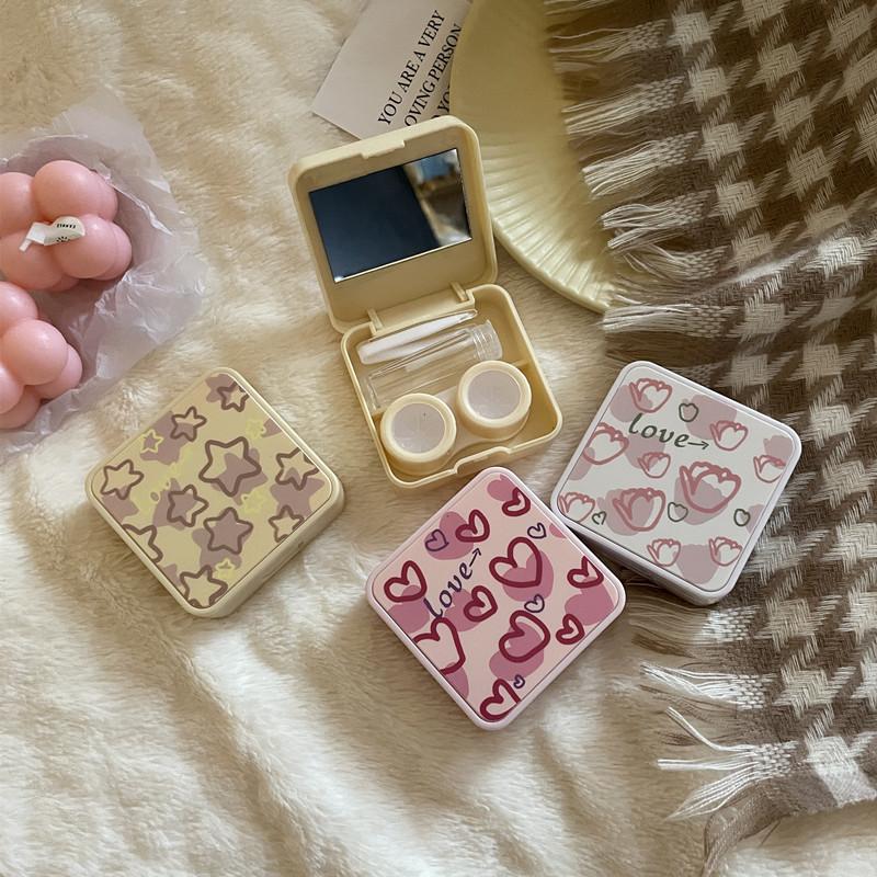 Travel Contact Lens Case with Mirror & Tweezers -for Women Men Cute Pink Love Niche Girl Style Companion Care Box Case