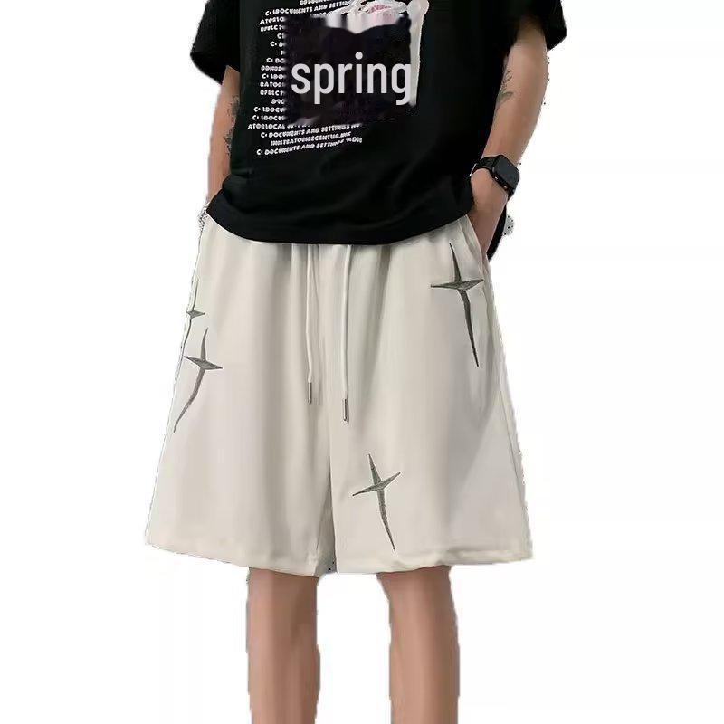 Men's Summer American-Style Embroidered Ice Silk Casual Shorts — Trendy and Cool Mid-Length Design