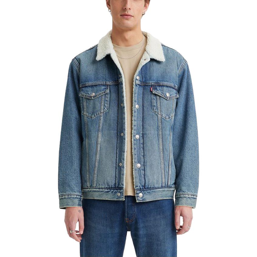 Levis Water-Washed Turn-Down Collar Faux Shearling Denim Jacket Men jackets Blue A5784-0002