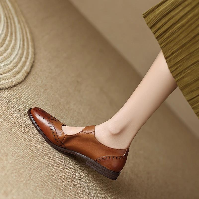 Fashion 2024 New Genuine Leather Low Heel Mary Jane Shoes Spring Women Shoes Chunky Heel Round Toe Shoes Women Pumps Retro Loafers